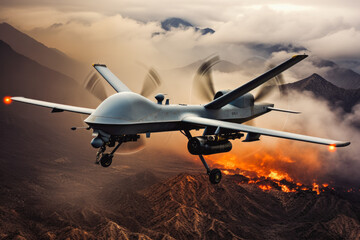 Military drones turned into effective weapons of war. Military fighter jet above the clouds. Military equipment plane.