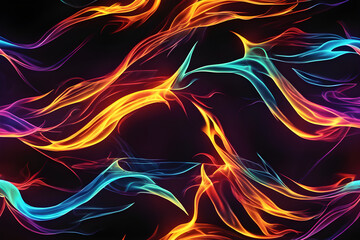 In the midst of the dark night, multicolored neon fire blazes, its vibrant flames dancing with captivating allure