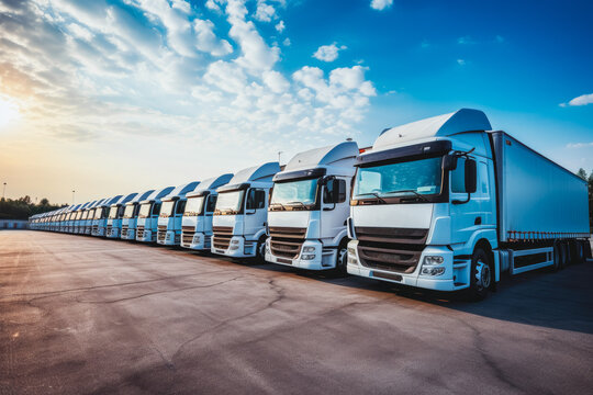 Logistics Company Trucks Waiting In Line. Many Trucks Waiting For Delivery.