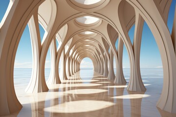 A very long hallway with a lot of arches. Digital image.