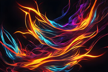 A dark background illuminated by neon fire in a variety of colors, lively flames gracefully dancing at night