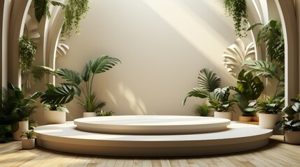 Simple podium mockup for a beauty or wellness product with palm and monstera leaves, junglecore.