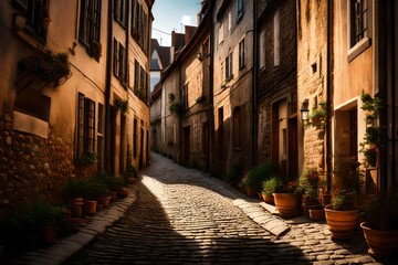 A sunlit cobblestone alleyway in a European town