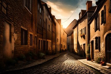 A sunlit cobblestone alleyway in a European town - obrazy, fototapety, plakaty