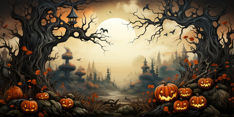 Halloween background of Halloween pumpkins with cut out faces. Glow and spooky tree. Moon and fog