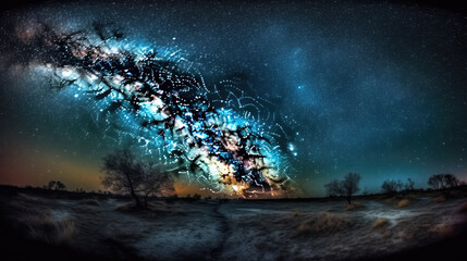 Panorama view universe space shot of milky way galaxy with stars on a night sky background.