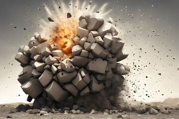 Exploding Stone Wall Fragments in Mid-Air