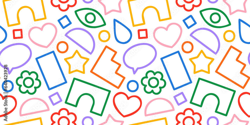 Poster Fun colorful line doodle shape seamless pattern. Creative minimalist style art background for children or trendy design with basic shapes. Simple childish scribble backdrop.