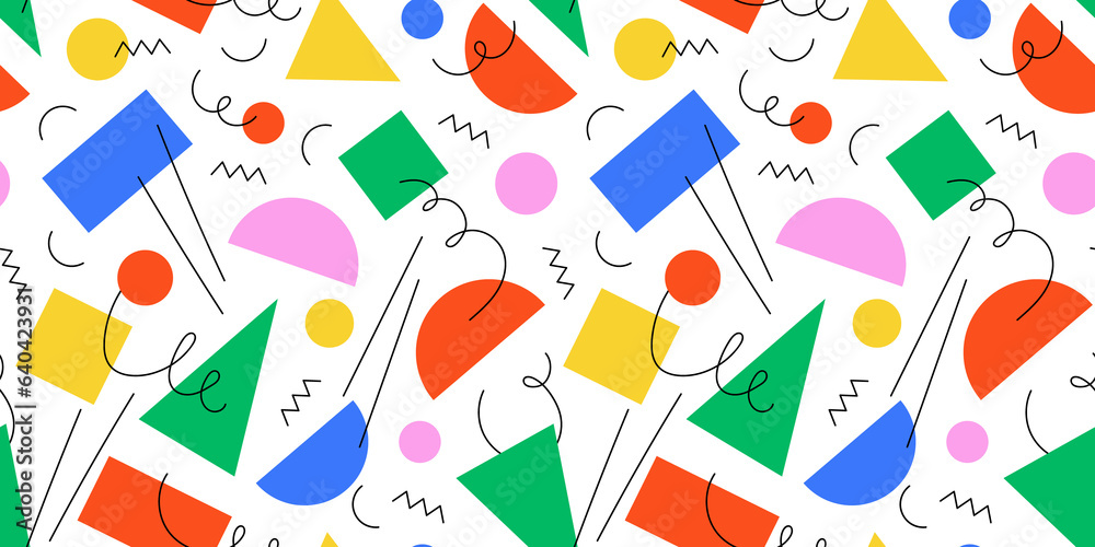 Poster abstract geometric shape seamless pattern with colorful doodles. flat cartoon background, simple mod