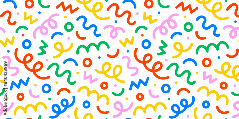 Poster Fun colorful line doodle seamless pattern. Creative minimalist style art background for children or trendy design with basic shapes. Simple party confetti texture, childish scribble shape backdrop.	
