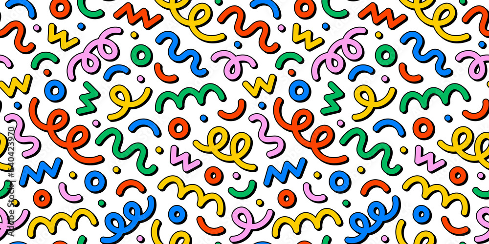Poster Fun colorful line doodle seamless pattern. Creative minimalist style art background for children or trendy design with basic shapes. Simple party confetti texture, childish scribble shape backdrop.	
