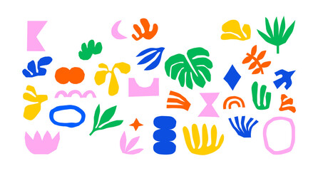 Colorful organic shape doodle collection. Funny basic shapes, random childish doodle cutouts of tropical leaf, hand and decorative abstract art on isolated background.