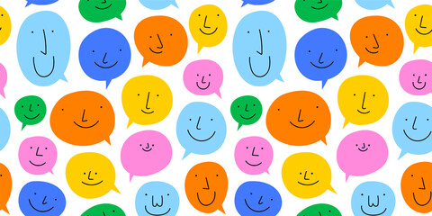 Diverse colorful chat bubble seamless pattern illustration. Multi color rainbow cartoon text balloon in funny children doodle style. Friendly team work or group conversation background concept.