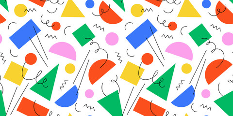 Abstract geometric shape seamless pattern with colorful doodles. Flat cartoon background, simple modern art shapes in bright childish colors. Creative print texture, contemporary backdrop design.	