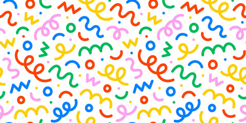 Fun colorful line doodle seamless pattern. Creative minimalist style art background for children or trendy design with basic shapes. Simple party confetti texture, childish scribble shape backdrop.	
