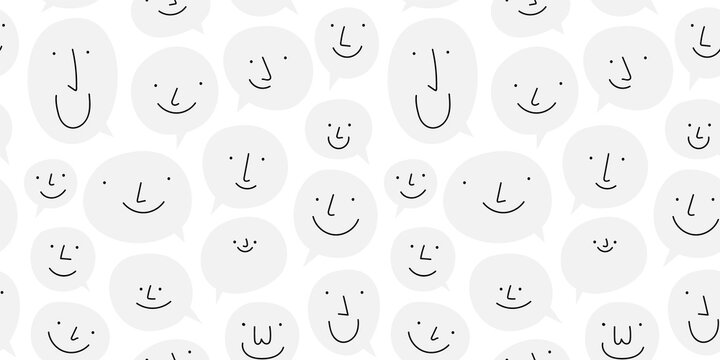 Black and white chat bubble seamless pattern illustration. Cartoon text balloon in funny children doodle style. Friendly team work or group conversation background concept.