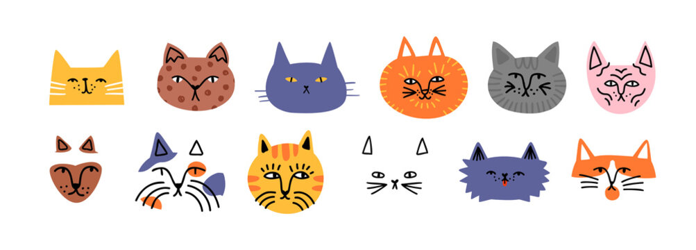 Funny cat animal head cartoon set in modern flat illustration style. Cute kitten pet collection, diverse breeds - domestic cats bundle.	