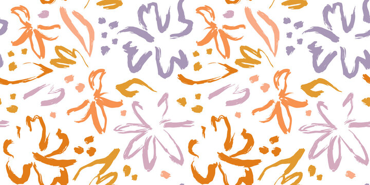 Abstract hand drawn flower art seamless pattern . Acrylic paint nature floral background in vintage art style. Spring season painting print.
