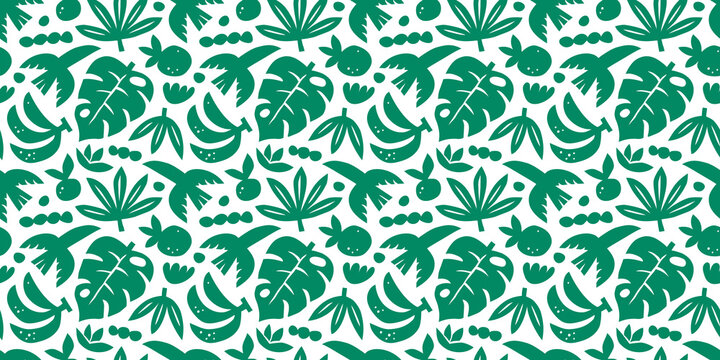 Abstract summer art seamless pattern with nature doodles. Organic flat cartoon background, tropical vacation shapes in green color. Floral hawaiian print, exotic travel texture.	