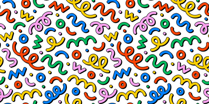 Fun colorful line doodle seamless pattern. Creative minimalist style art background for children or trendy design with basic shapes. Simple party confetti texture, childish scribble shape backdrop.	
