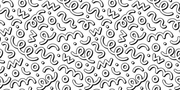 Fun black and white abstract line doodle seamless pattern. Creative minimalist style art background for children or trendy design with basic shapes. Simple childish scribble backdrop.	