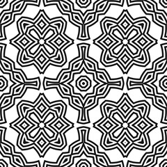 Seamless surface pattern. Symmetric geometric black color abstract on white background. Ethnic ornament wallpaper. For digital paper, page fills, web design, textile print. Vector art illustration