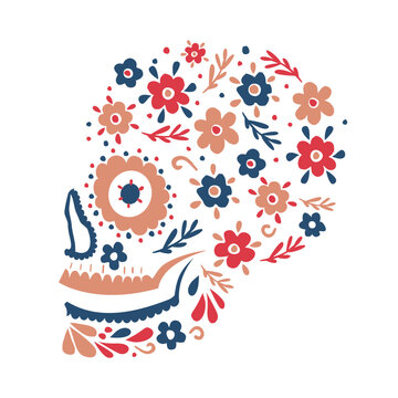 A floral sugar skull. The Day of the Dead. Beautiful colorful illustration isolated on white.