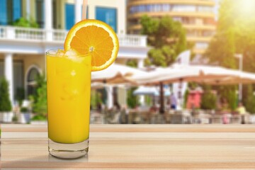 Glass of sweet tasty cold lemonade drink in a cafe