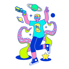 E-sports player. Character playing video games, fighting over the championship