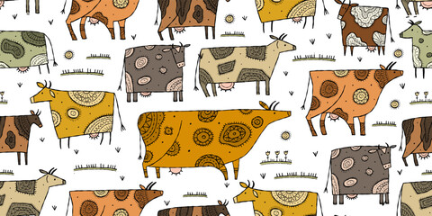 Stylish Ethnic Cows family on meadow. Seamless pattern background. Vector Illustration