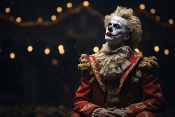 Creepy clown in full makeup and costume, standing alone on a dimly lit stage, capturing the unsettling nature of a solo performance. Generative Ai
