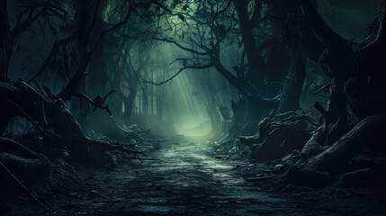 Spooky way, dark trees and mystic light in scary forest at Halloween night