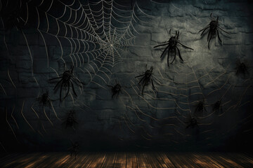 Web and scary black spiders on dark wall, Halloween night background - obrazy, fototapety, plakaty