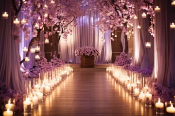 Indoor wedding ceremony decoration with flowers and candles