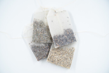 Herbal teas in bags isolated on white background.