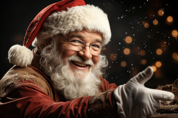 Smiling Santa Claus pointing at a blank advertisement banner background with ample copy space. Generative Ai, Ai.