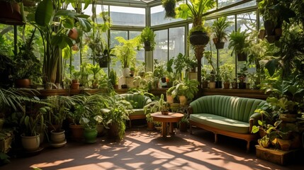 Photo of a lush and green indoor garden filled with an abundance of potted plants
