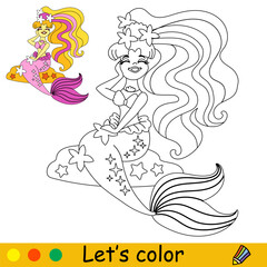 Kids coloring little pink tailed mermaid vector