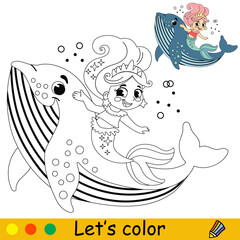Kids coloring little mermaid and a whale vector