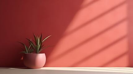 Empty light red wall with beautiful shadows and plants. Minimalist background for product presentation