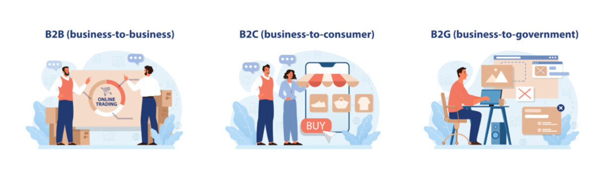 E-store and e-commerce set. Entrepreneur selling goods and gaining