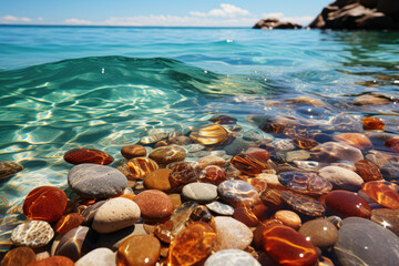 Fototapeta na wymiar Illustration depicting a summer beach adorned with shimmering pebbles. Generative Ai.