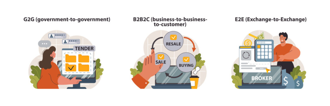 E-store and e-commerce set. Entrepreneur selling goods and gaining
