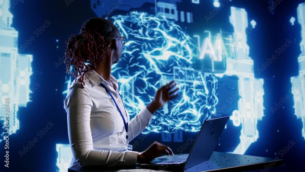 Poster certified expert using laptop to maintenance artificial intelligence neural networks made up of inte