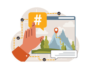 Hashtag. Character using digital device for sending posts and sharing