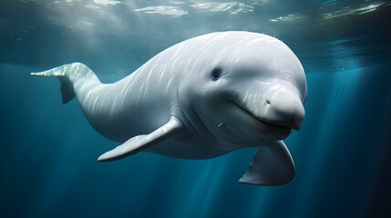 Fototapeta premium Close up of a Beluga Whale swimming in the clear Ocean. Natural Background with beautiful Lighting
