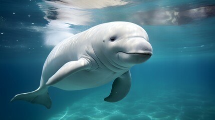 Naklejka premium Close up of a Beluga Whale swimming in the clear Ocean. Natural Background with beautiful Lighting