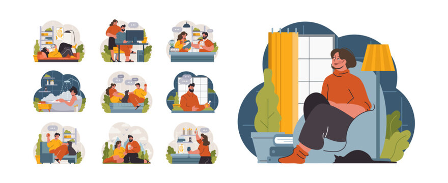 Hygge set. Happy people relaxing at home, family members leisure