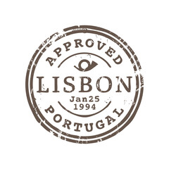 Approved Lisbon Portugal postage delivery stamp, postmark of European country, postcard label print. Rubber postal seal, international post mark - obrazy, fototapety, plakaty