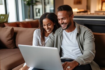 Multiracial young couple watching computer laptop